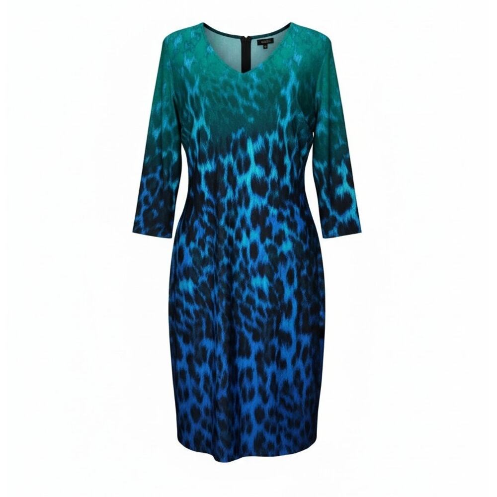 Chico's Leopard Print Dress Blue Ombre Long Sleeve Size 2 US L Mob Wife Glam